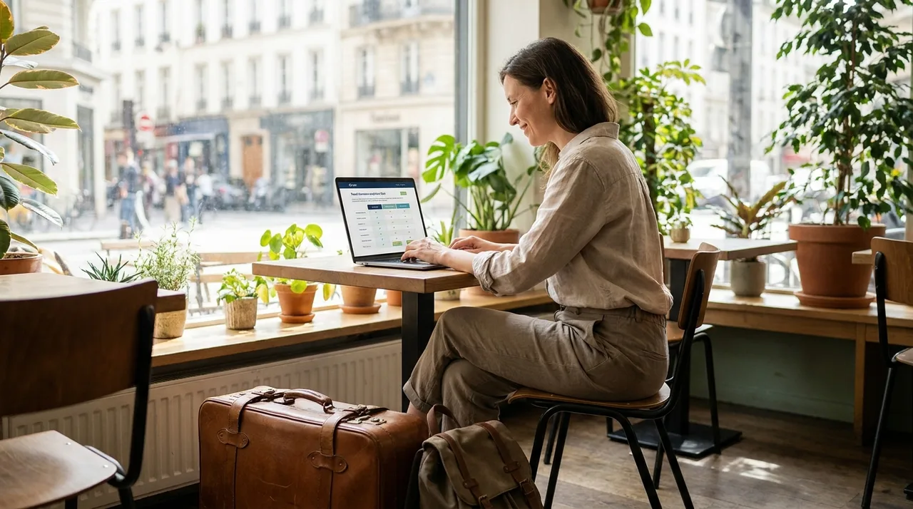 Traveler comparing insurance coverage options on a laptop in a bright, calm space